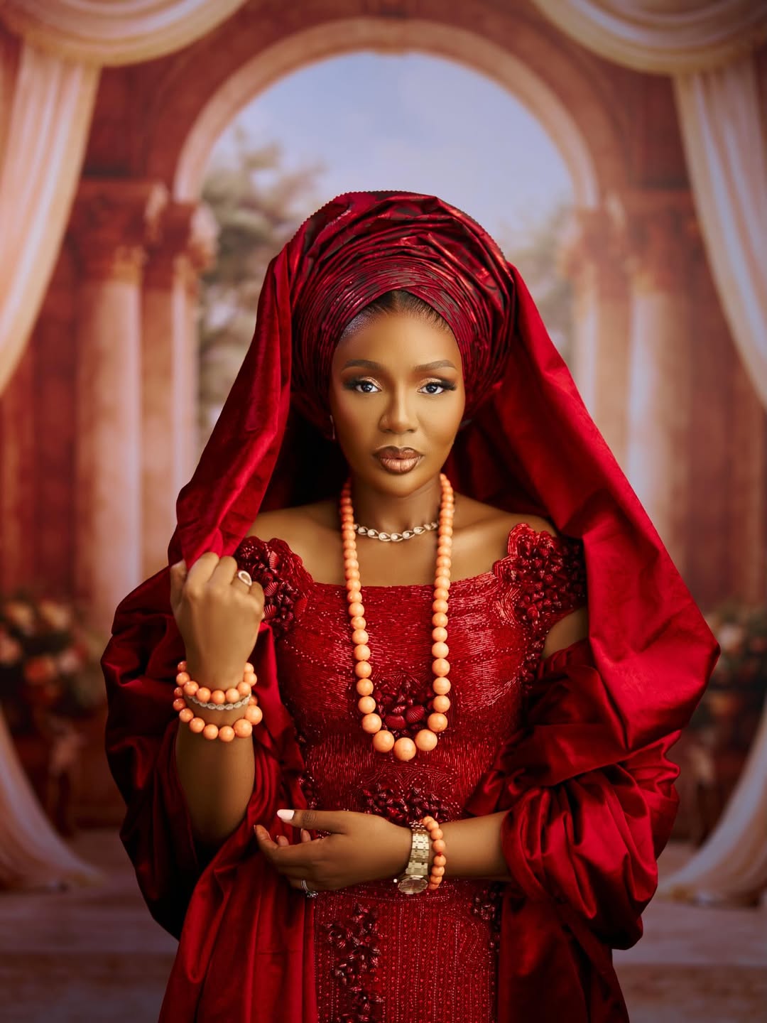 Olori Atuwatse III in a regal red birthday portrait