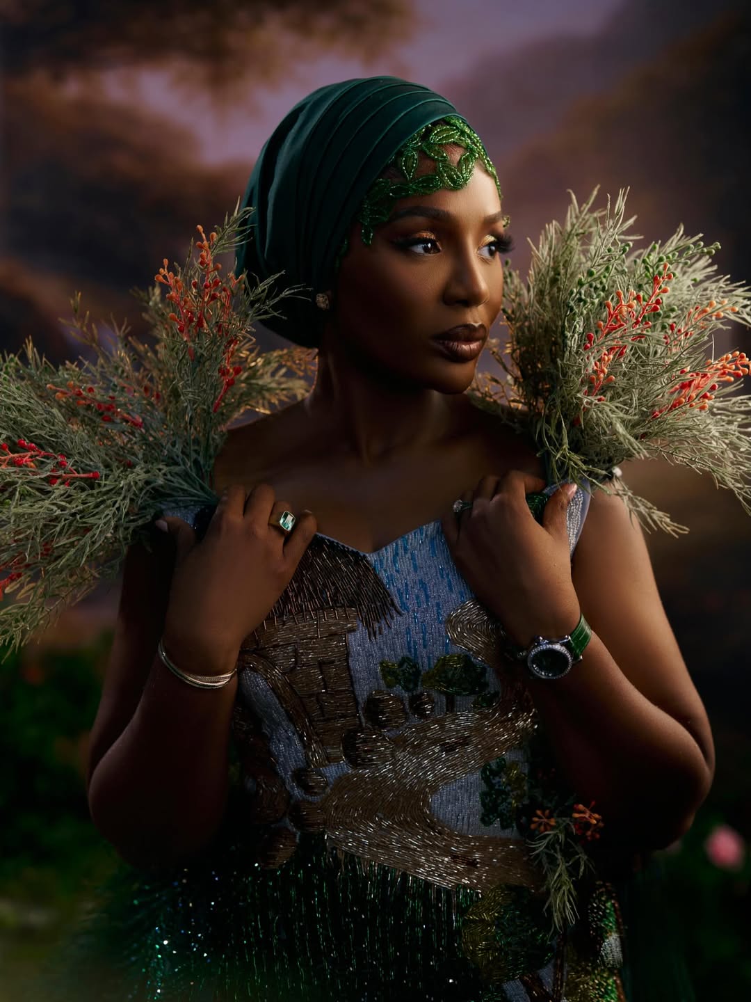 Olori Atuwatse III in an artistic green portrait