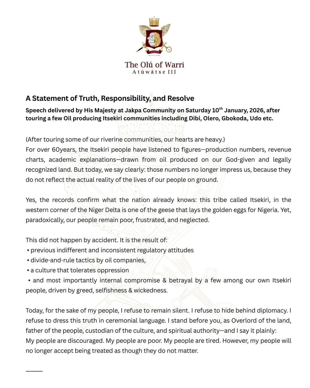 A Statement of Truth, Responsibility and Resolve