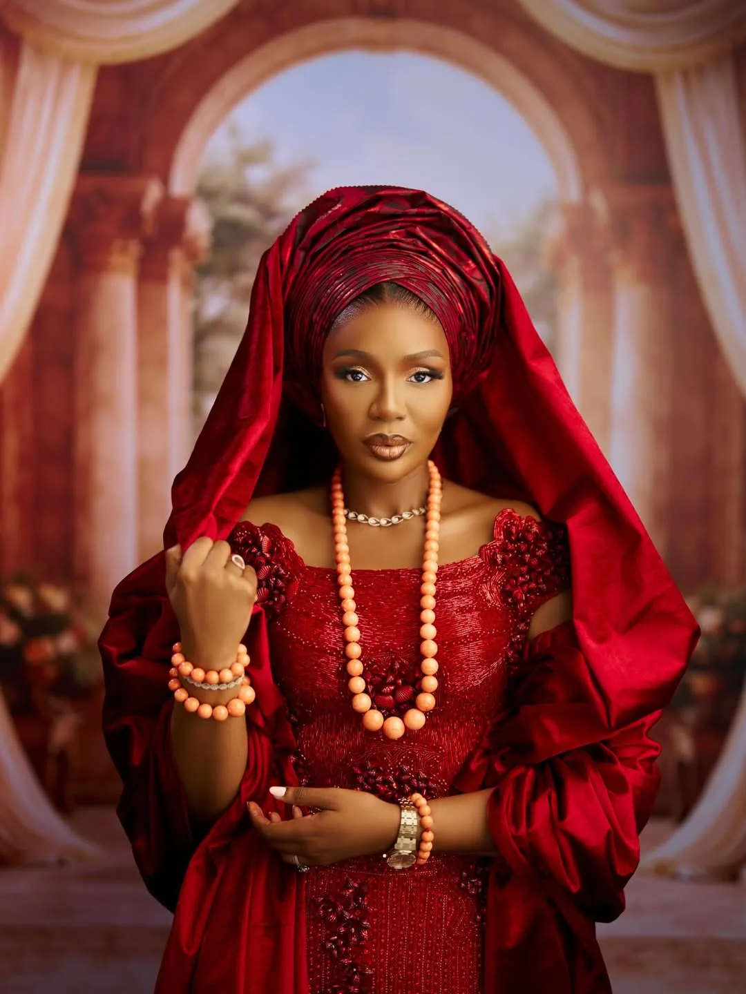Olorì Atuwatsé III in a regal red birthday portrait