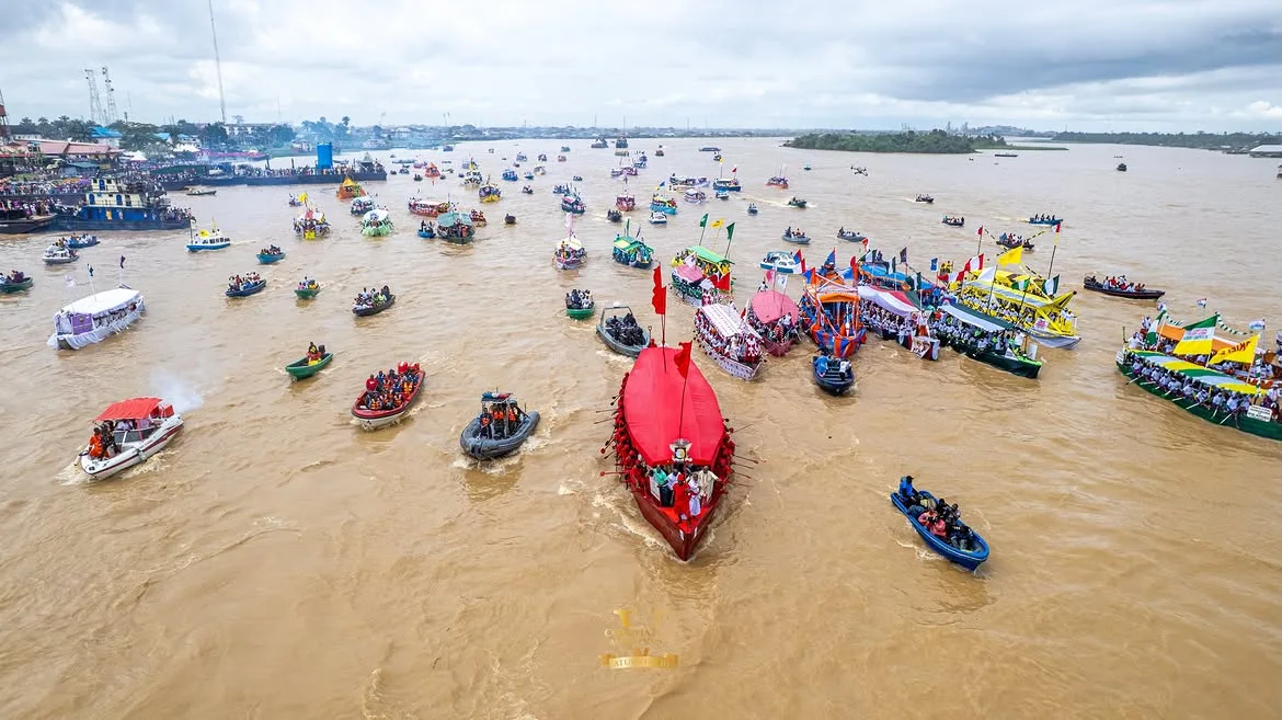 Aerial view of the Royal Regatta on the Warri River